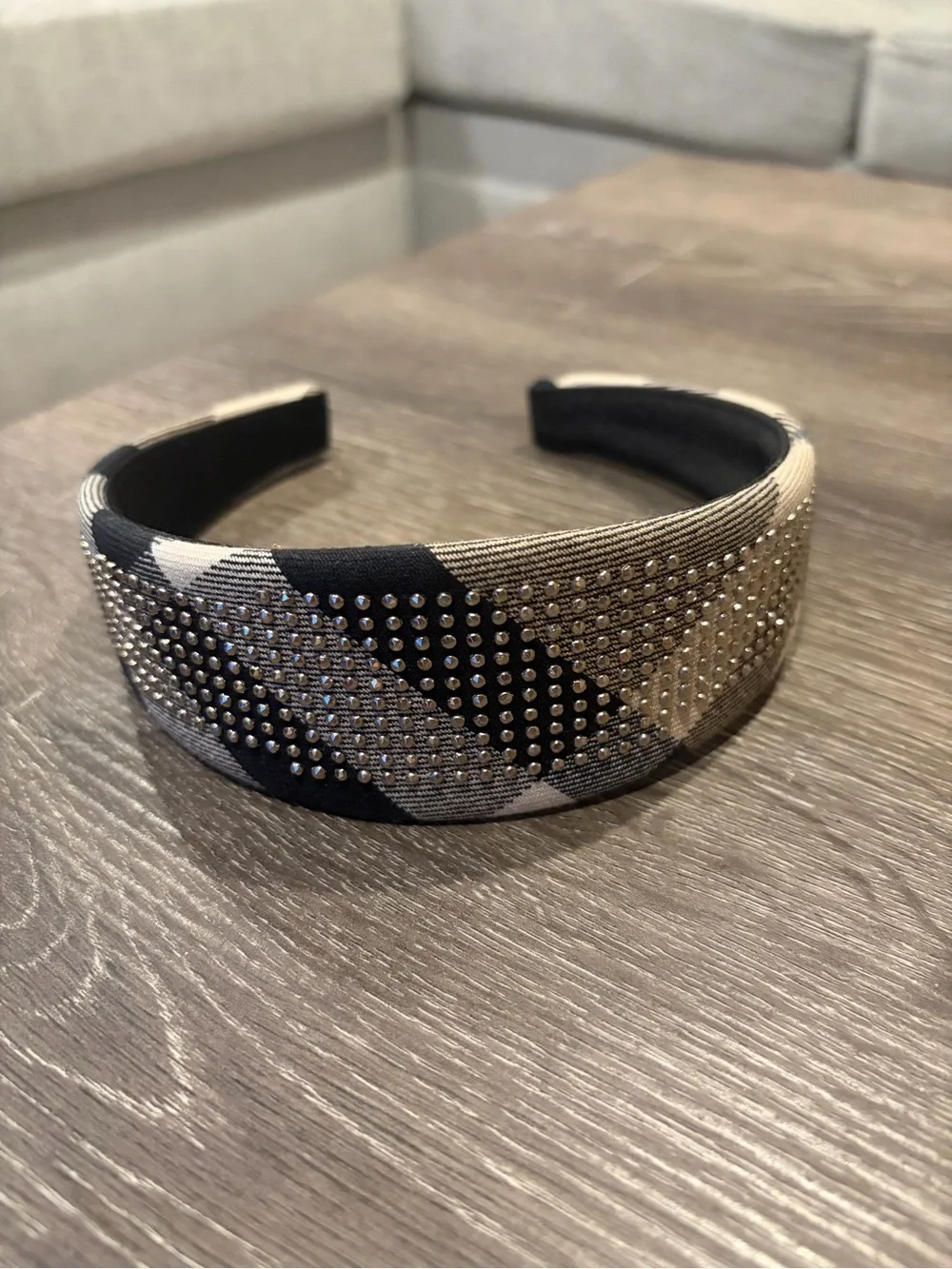Studded Plaid Burberry Padded Headband - Black & Cream